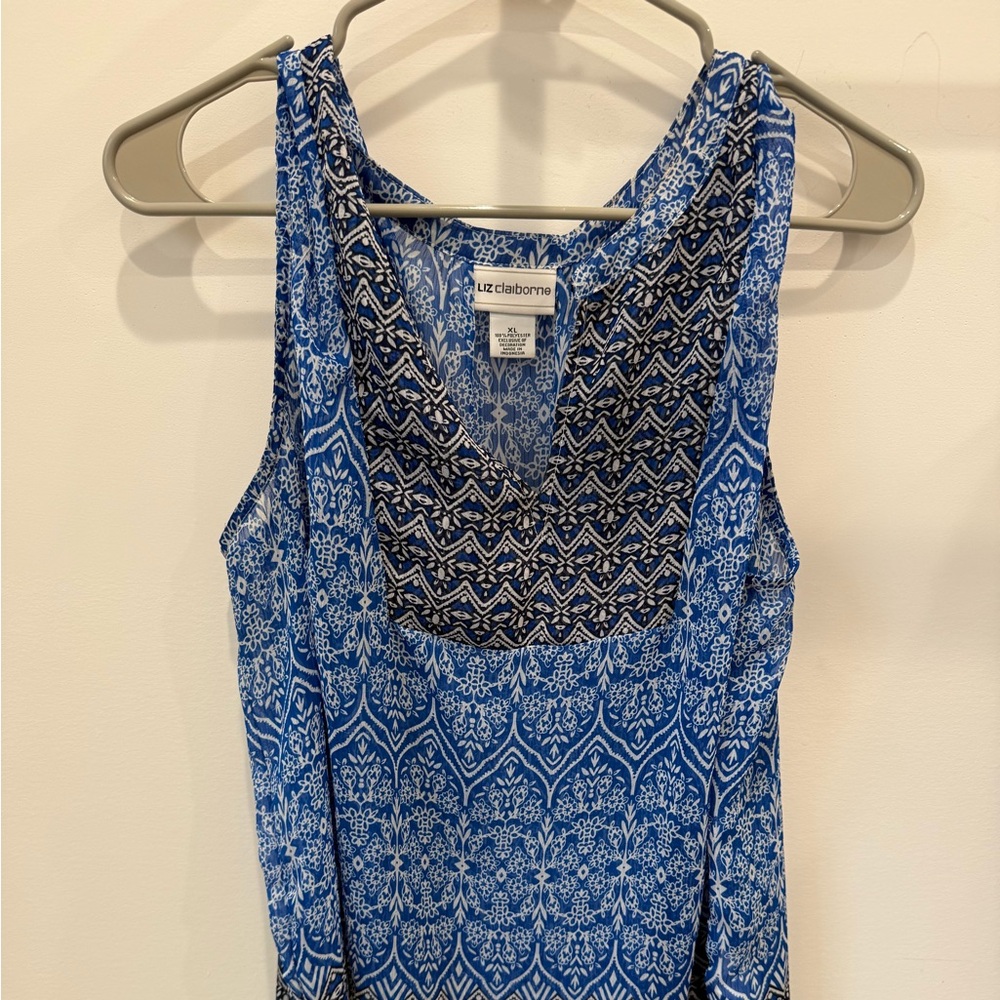 Liz Claiborne Blue Patterned Scoop Neck Tank